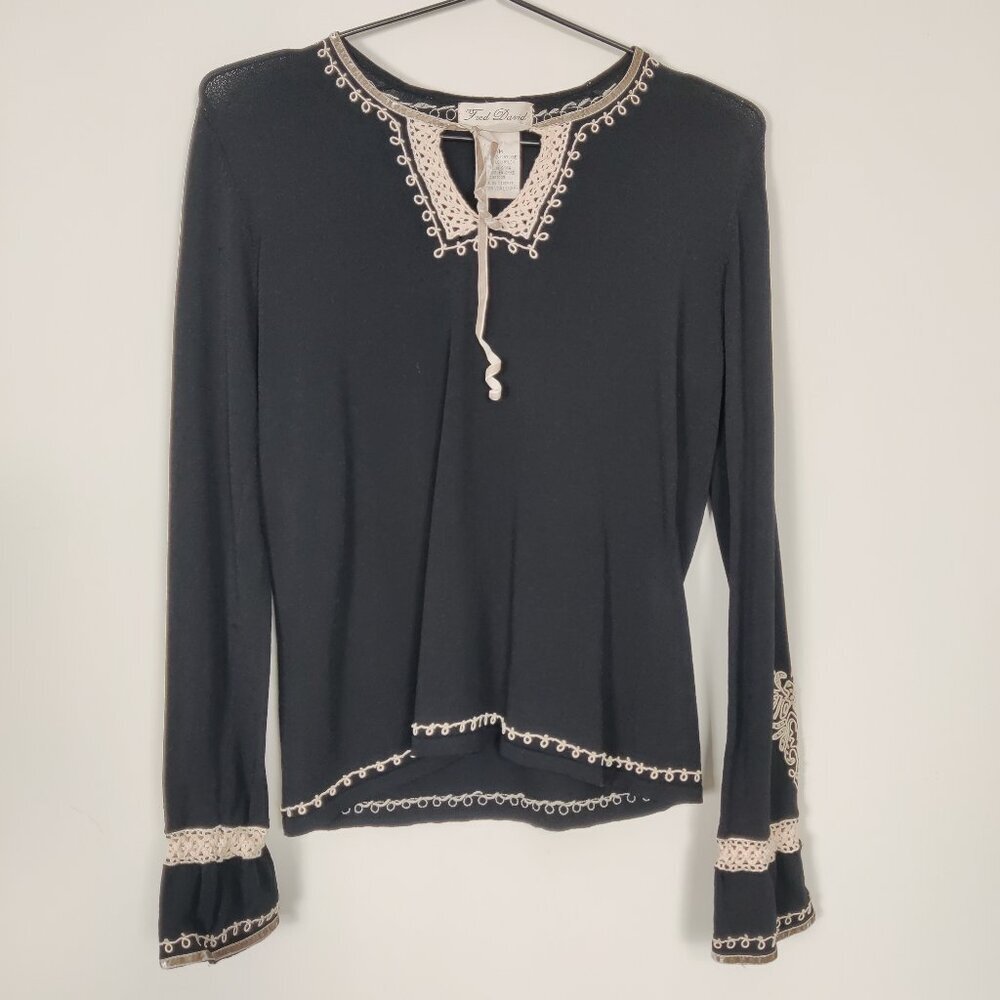 Fred David Women's Blouse Size M Black Beige Rayon Stretch Embroidery Casual Y2K